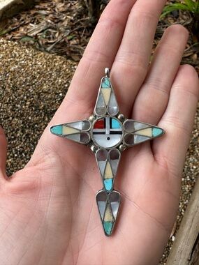 Vintage Zuni Native American Sunface Cross Pin or Pendant